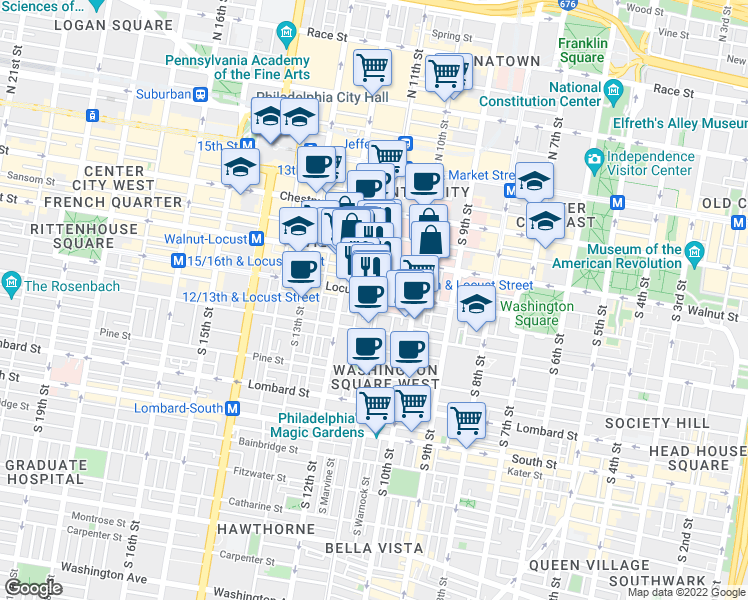 map of restaurants, bars, coffee shops, grocery stores, and more near 240 South 11th Street in Philadelphia