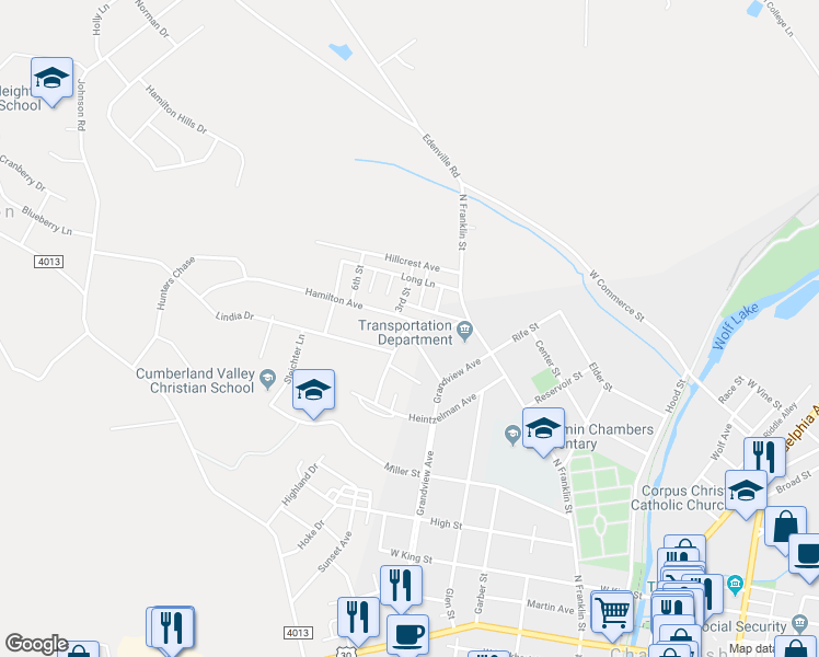 map of restaurants, bars, coffee shops, grocery stores, and more near 670 Harrison Drive in Chambersburg