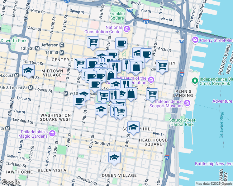 map of restaurants, bars, coffee shops, grocery stores, and more near 530 Walnut Street in Philadelphia