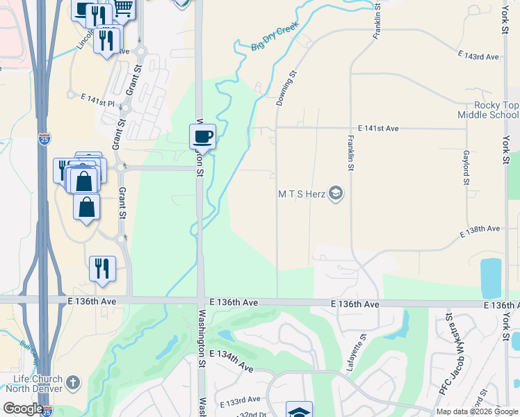 map of restaurants, bars, coffee shops, grocery stores, and more near 13871 Downing Street in Brighton