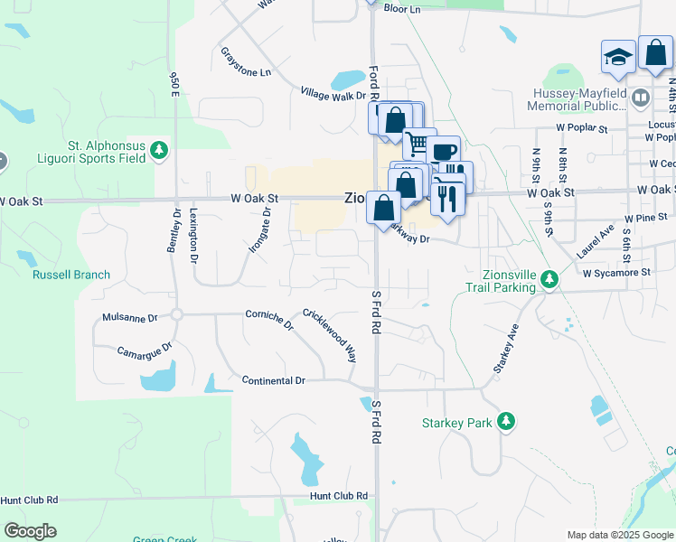 map of restaurants, bars, coffee shops, grocery stores, and more near 1440 Hunters Point Drive in Zionsville