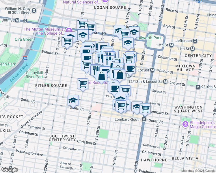 map of restaurants, bars, coffee shops, grocery stores, and more near 237 South 18th Street in Philadelphia