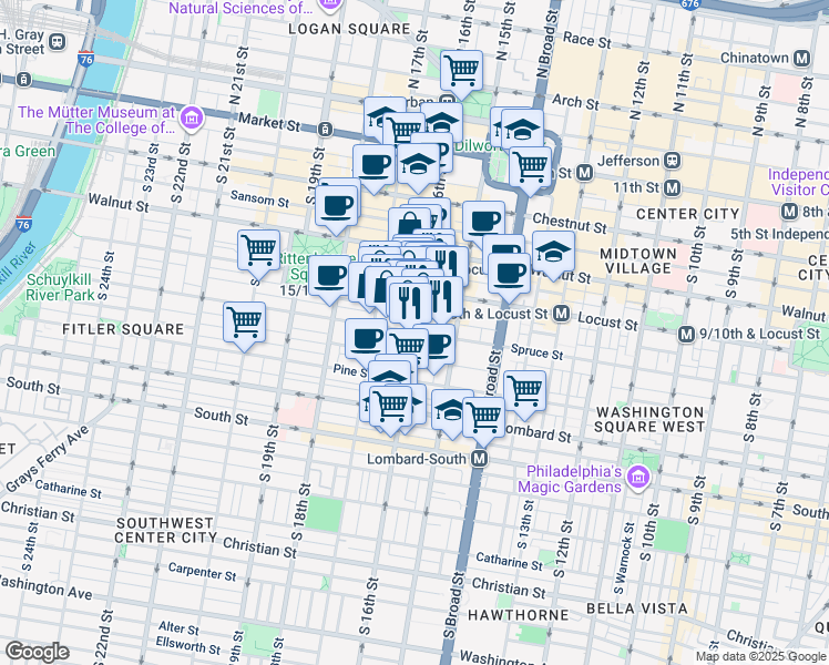 map of restaurants, bars, coffee shops, grocery stores, and more near 1530 Spruce Street in Philadelphia