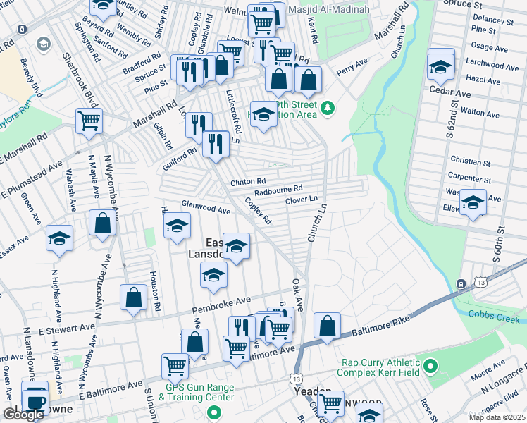 map of restaurants, bars, coffee shops, grocery stores, and more near 7147 Greenwood Avenue in Upper Darby
