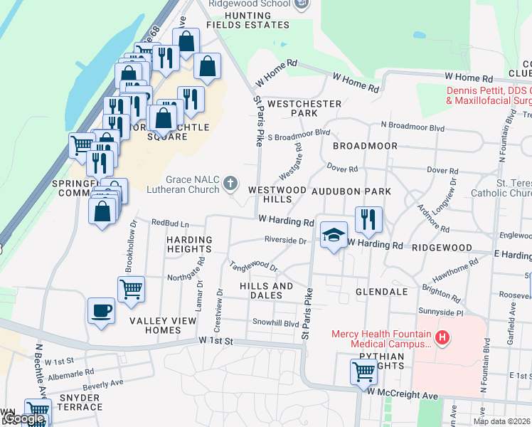 map of restaurants, bars, coffee shops, grocery stores, and more near 701 Mayhill Road in Springfield