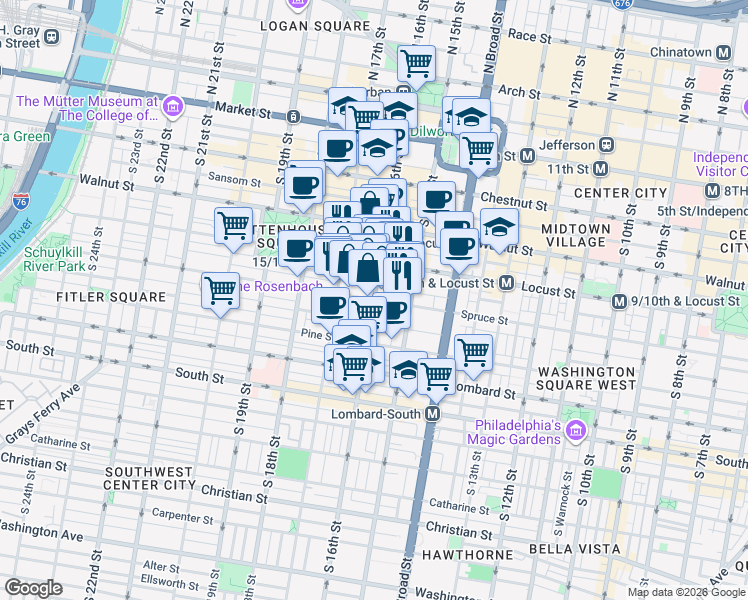 map of restaurants, bars, coffee shops, grocery stores, and more near S 16th St & Spruce St in Philadelphia