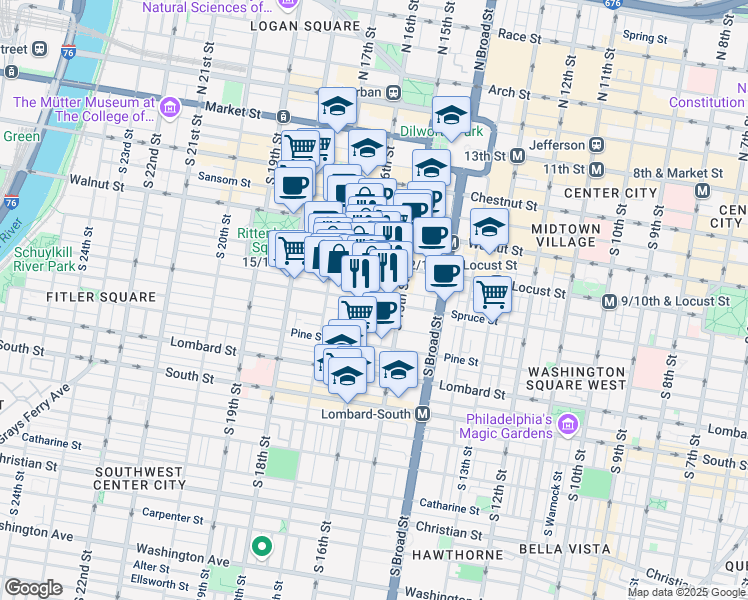 map of restaurants, bars, coffee shops, grocery stores, and more near 1520 Spruce Street in Philadelphia