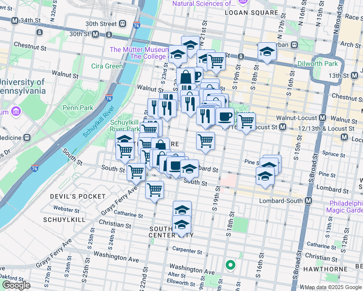 map of restaurants, bars, coffee shops, grocery stores, and more near 2100 Delancey Place in Philadelphia