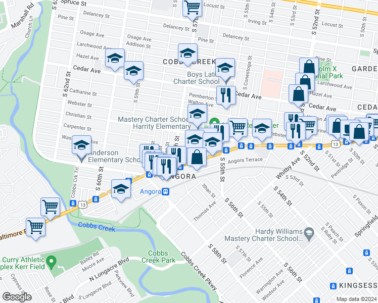 map of restaurants, bars, coffee shops, grocery stores, and more near 5628 Carpenter Street in Philadelphia