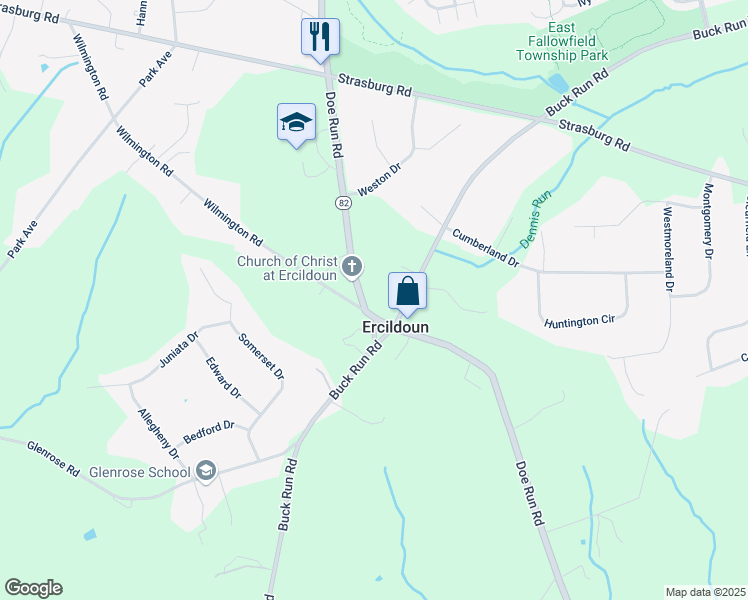 map of restaurants, bars, coffee shops, grocery stores, and more near 765 Doe Run Road in Chester County