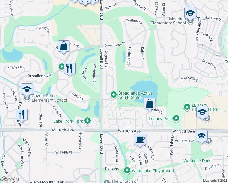 map of restaurants, bars, coffee shops, grocery stores, and more near 13743 Legend Way in Broomfield