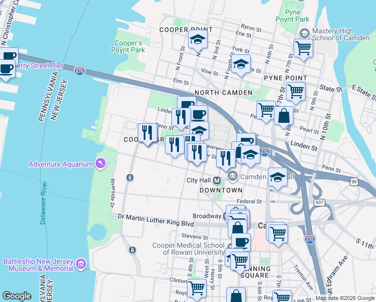 map of restaurants, bars, coffee shops, grocery stores, and more near 214 North 3rd Street in Camden