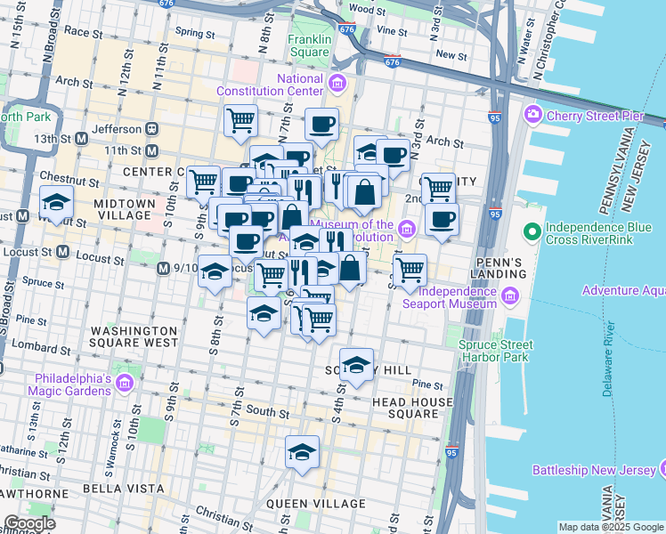 map of restaurants, bars, coffee shops, grocery stores, and more near 501-549 Walnut Street in Philadelphia