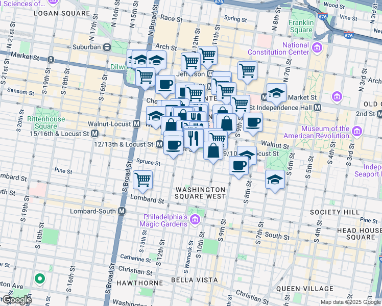 map of restaurants, bars, coffee shops, grocery stores, and more near in Philadelphia