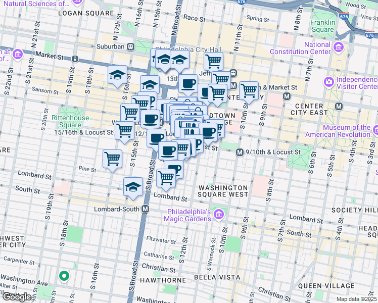 map of restaurants, bars, coffee shops, grocery stores, and more near 1301 Locust Street in Philadelphia