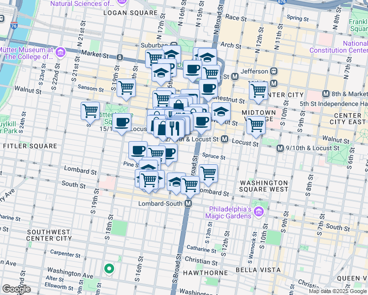 map of restaurants, bars, coffee shops, grocery stores, and more near in Philadelphia