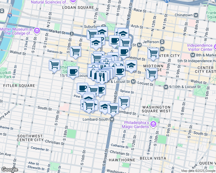 map of restaurants, bars, coffee shops, grocery stores, and more near in Philadelphia