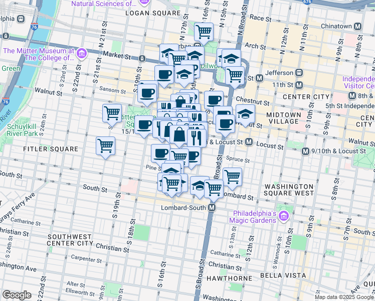 map of restaurants, bars, coffee shops, grocery stores, and more near 1530 Locust Street in Philadelphia