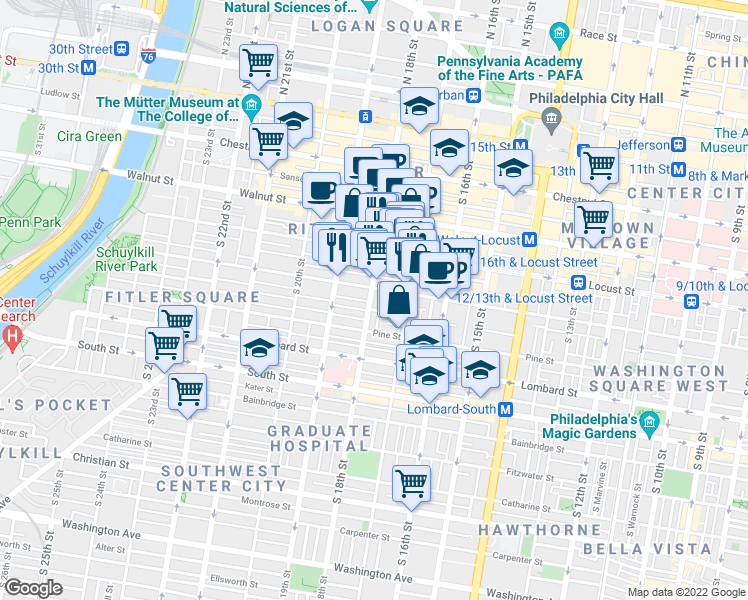 map of restaurants, bars, coffee shops, grocery stores, and more near 237 South 18th Street in Philadelphia