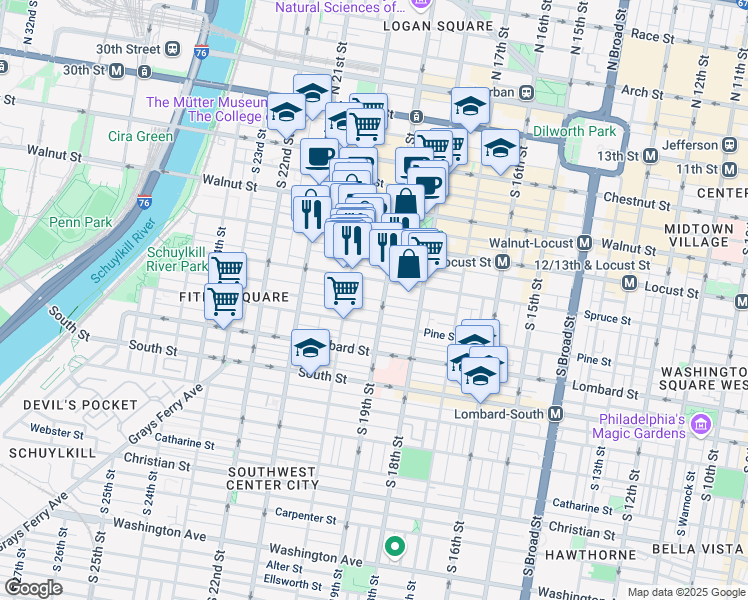 map of restaurants, bars, coffee shops, grocery stores, and more near 1928 Spruce Street in Philadelphia