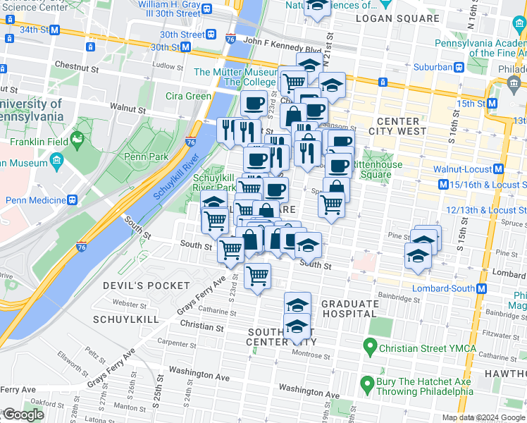 map of restaurants, bars, coffee shops, grocery stores, and more near in Philadelphia