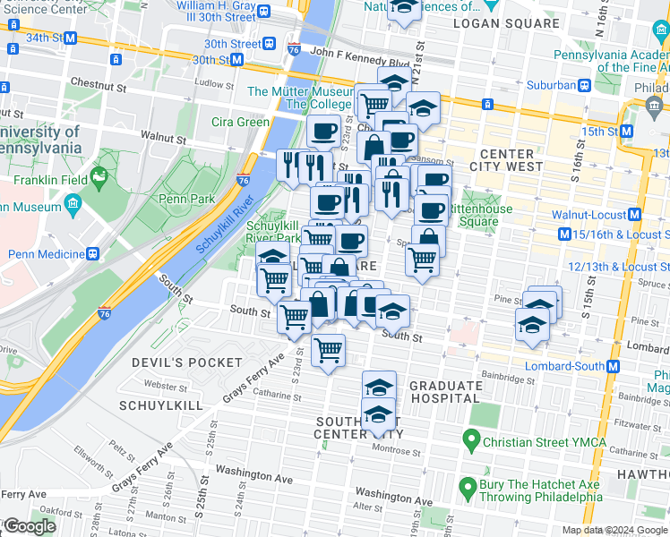 map of restaurants, bars, coffee shops, grocery stores, and more near in Philadelphia