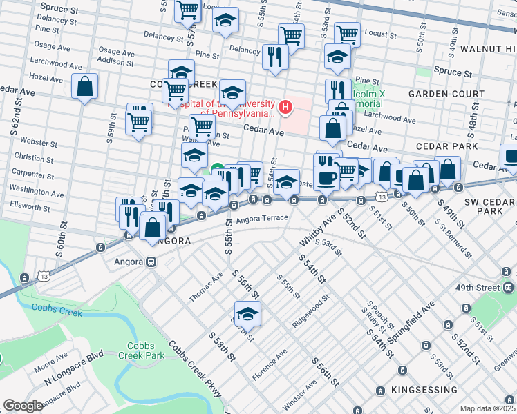 map of restaurants, bars, coffee shops, grocery stores, and more near 5417 Baltimore Avenue in Philadelphia