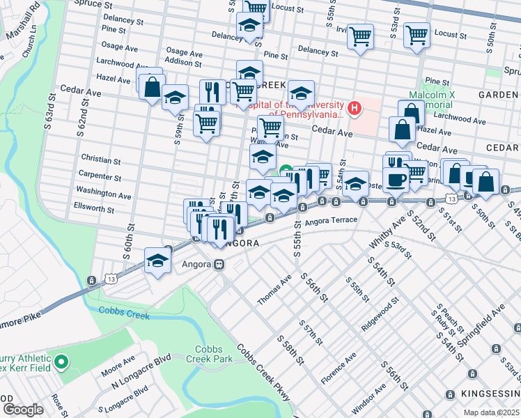 map of restaurants, bars, coffee shops, grocery stores, and more near 815 South 56th Street in Philadelphia