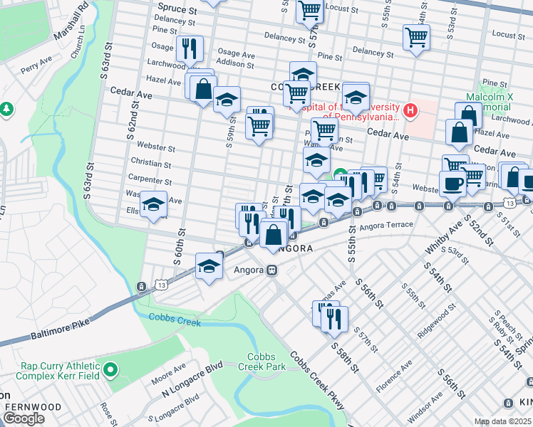map of restaurants, bars, coffee shops, grocery stores, and more near 834 South Alden Street in Philadelphia