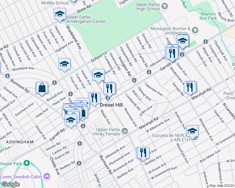 map of restaurants, bars, coffee shops, grocery stores, and more near 429 Forrest Avenue in Drexel Hill