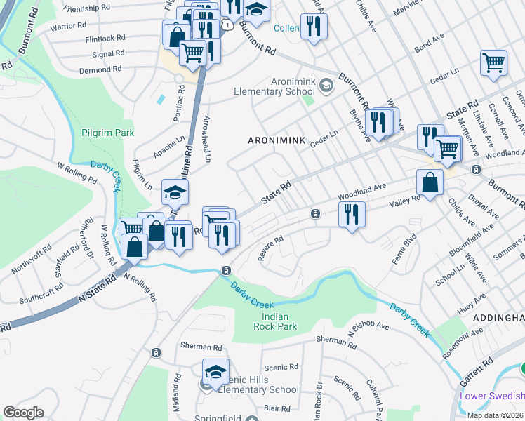 map of restaurants, bars, coffee shops, grocery stores, and more near 801 Terwood Road in Drexel Hill