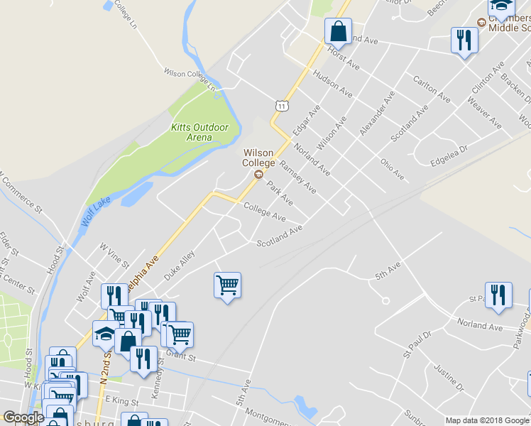 map of restaurants, bars, coffee shops, grocery stores, and more near 1034 Morrow Place in Chambersburg