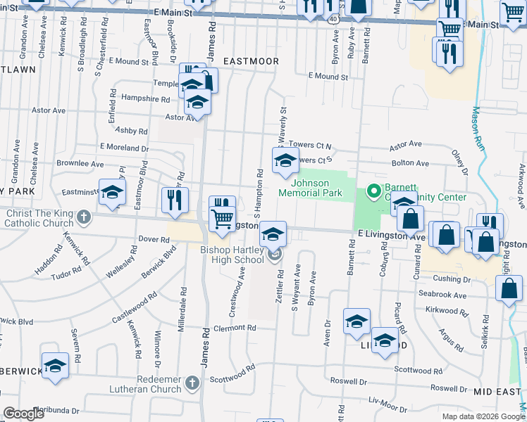 map of restaurants, bars, coffee shops, grocery stores, and more near 1143 South Hampton Road in Columbus