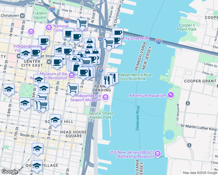 map of restaurants, bars, coffee shops, grocery stores, and more near 3 North Christopher Columbus Boulevard in Philadelphia