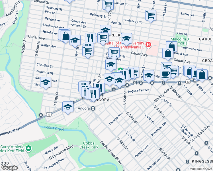 map of restaurants, bars, coffee shops, grocery stores, and more near 5628 Carpenter Street in Philadelphia