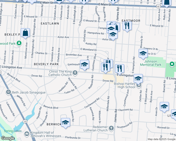 map of restaurants, bars, coffee shops, grocery stores, and more near 2858 East Livingston Avenue in Columbus