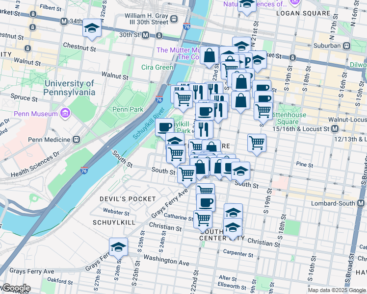 map of restaurants, bars, coffee shops, grocery stores, and more near 2422 Pine Street in Philadelphia