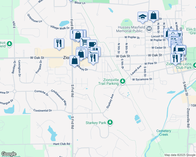 map of restaurants, bars, coffee shops, grocery stores, and more near 1075 Parkway Drive in Zionsville