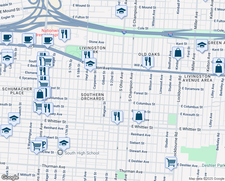 map of restaurants, bars, coffee shops, grocery stores, and more near 858 South 22nd Street in Columbus