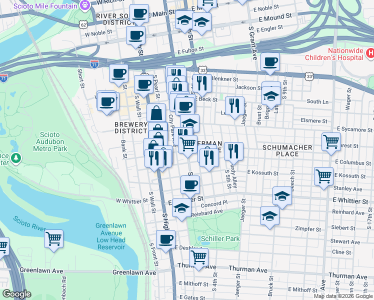 map of restaurants, bars, coffee shops, grocery stores, and more near South 3rd Street & East Frankfort Street in Columbus