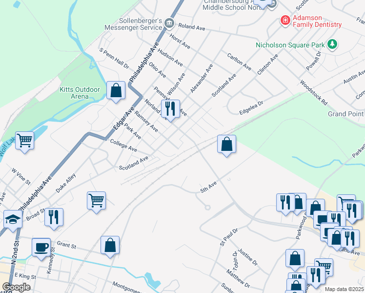 map of restaurants, bars, coffee shops, grocery stores, and more near 1220 Scotland Avenue in Chambersburg