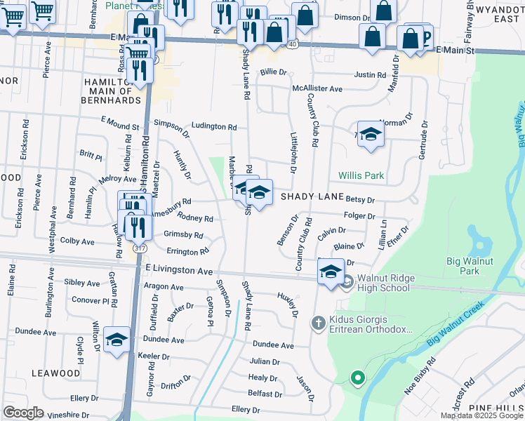 map of restaurants, bars, coffee shops, grocery stores, and more near 1400 Shady Lane Road in Columbus