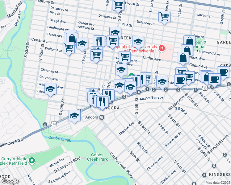 map of restaurants, bars, coffee shops, grocery stores, and more near 5632 Carpenter Street in Philadelphia