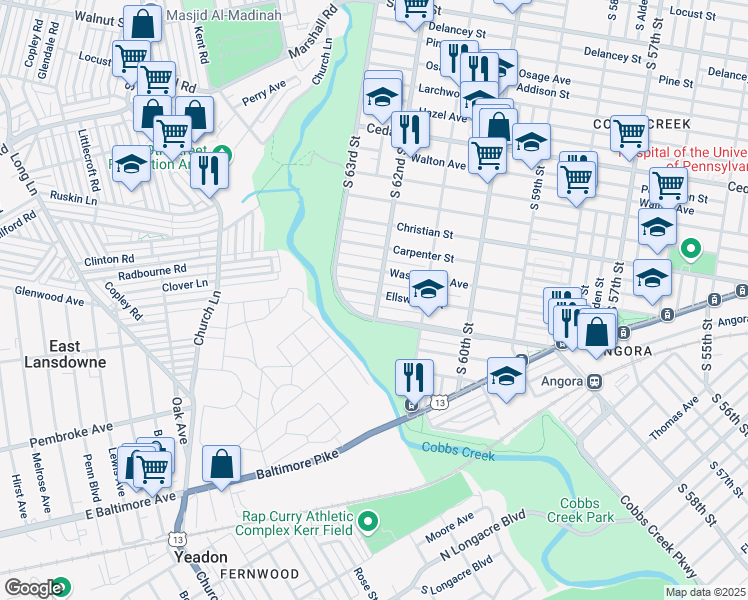 map of restaurants, bars, coffee shops, grocery stores, and more near 6200 Ellsworth Street in Philadelphia