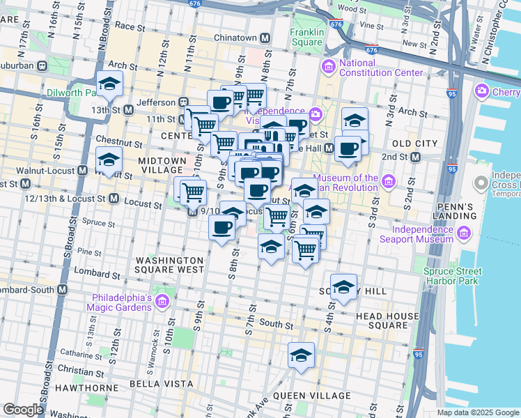 map of restaurants, bars, coffee shops, grocery stores, and more near 709 Walnut Street in Philadelphia