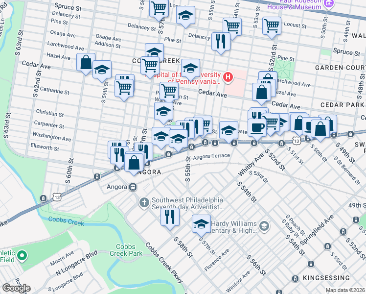 map of restaurants, bars, coffee shops, grocery stores, and more near 801-817 South 55th Street in Philadelphia