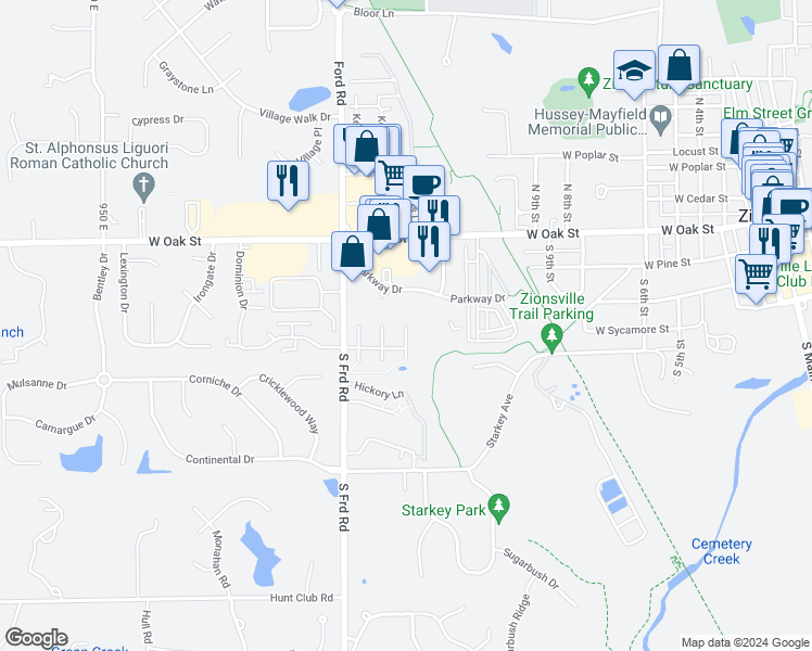 map of restaurants, bars, coffee shops, grocery stores, and more near 99 Chestnut Court in Zionsville