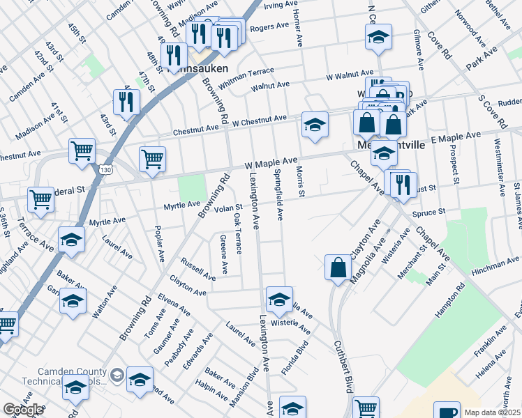 map of restaurants, bars, coffee shops, grocery stores, and more near 220 Volan Street in Merchantville