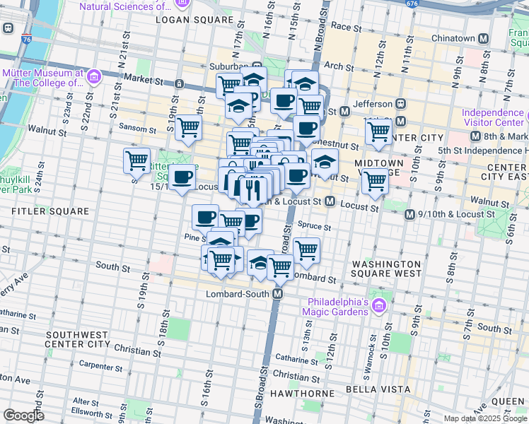 map of restaurants, bars, coffee shops, grocery stores, and more near 271 South 15th Street in Philadelphia