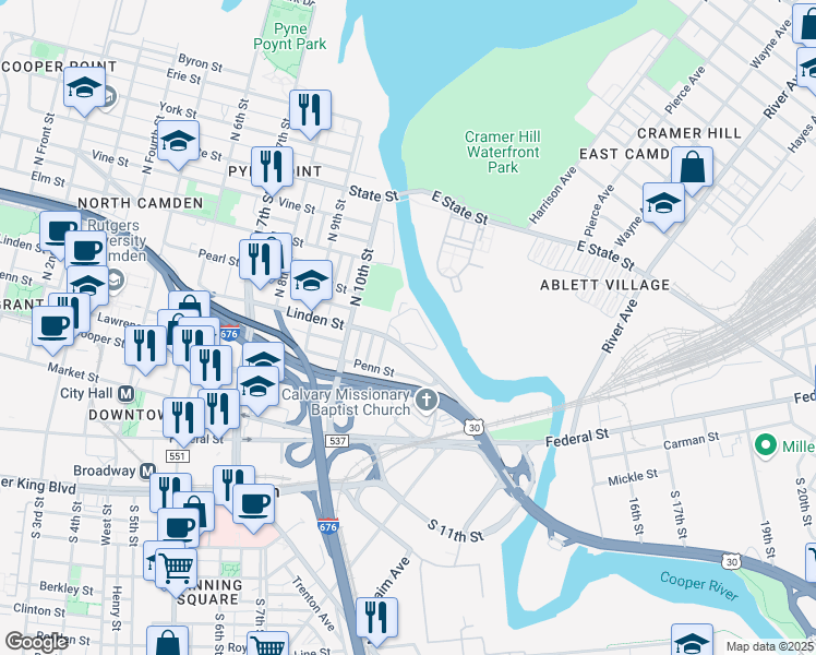 map of restaurants, bars, coffee shops, grocery stores, and more near 1105 Linden Street in Camden